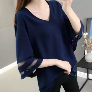 Женские топы, сплошной цвет, шифон, свободный тип, V-образный вырез, рукава с рогами L чёрный