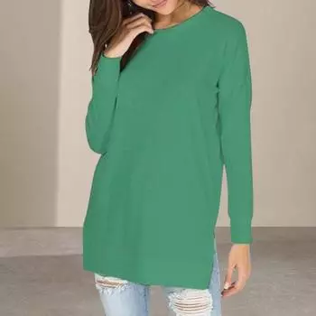 Женские топы средней длины, футболка с длинными рукавами, свободная рубашка, однотонный пуловер с круглым вырезом, уличная одежда S хаки