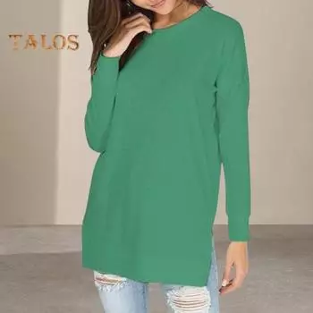 Женские топы средней длины, футболка с круглым вырезом и длинными рукавами, однотонные свободные пуловеры, топы, уличная одежда S хаки