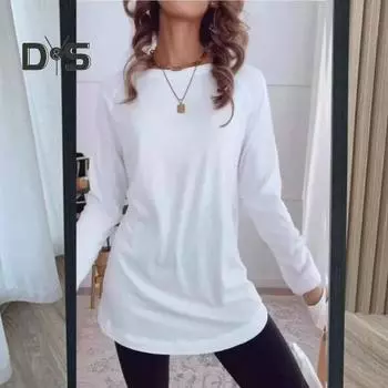 Женские топы средней длины, футболка с круглым вырезом и длинными рукавами, однотонные свободные пуловеры, топы, уличная одежда S хаки