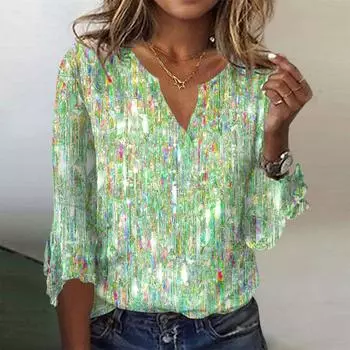 Женские топы Свободная повседневная футболка с v-образным вырезом и блестками с расклешенными рукавами и принтом с семью рукавами L зелёный