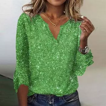 Женские топы Свободная повседневная футболка с v-образным вырезом и блестками с расклешенными рукавами и принтом с семью рукавами S зелёный