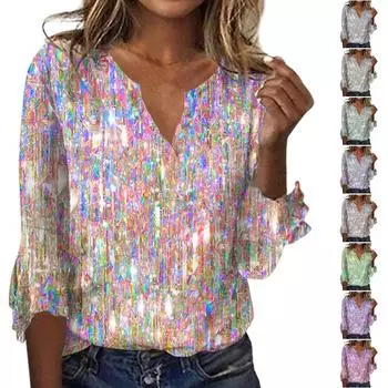 Женские топы Свободная повседневная футболка с v-образным вырезом и блестками с расклешенными рукавами и принтом с семью рукавами L зелёный