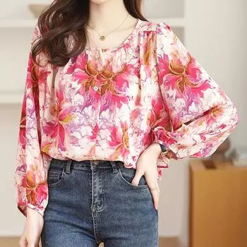 Женские топы, свободная шифоновая рубашка с длинным рукавом и цветочным принтом M