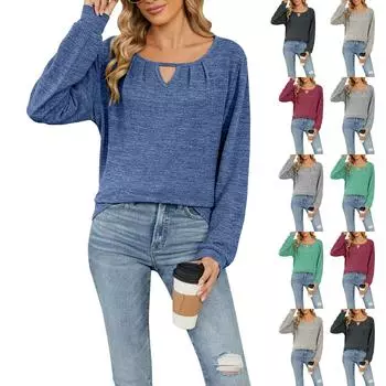 Женские топы Свободные однотонные свободные футболки с длинным рукавом с круглым вырезом Женские топы XXL чёрный