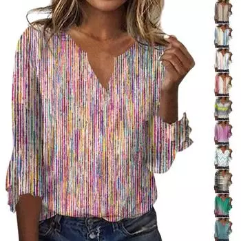 Женские топы, свободные, повседневные, с V-образным вырезом, винтажным принтом, расклешенные рукава, футболка с семью рукавами XXXL
