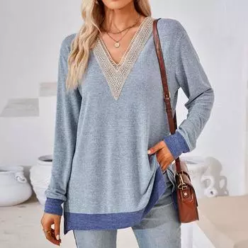 Женские топы Свободные свободные футболки с длинными рукавами контрастного цвета и разрезом Женские топы XL светло-синий