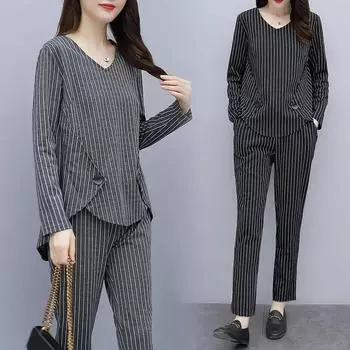 Женские топы, свободные тонкие повседневные брюки, закрывающие живот, полосатый комплект из двух частей, легкий дышащий женский повседневный костюм, домашняя одежда XXL