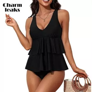 Женские топы-танкини Charmleaks, многослойные купальники с мягкой подкладкой и рюшами, топ UPF 50+, струящиеся купальные костюмы, только верх M