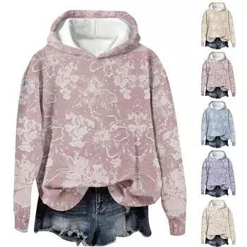 Женские топы Толстовка с принтом Круглый вырез С капюшоном Повседневная S розовый