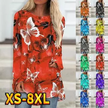 Женские топы Толстовка с рисунком бабочки Повседневная уличная одежда с активным принтом с круглым вырезом и длинными рукавами Базовая футболка выходного дня Футболка XS-8XL L