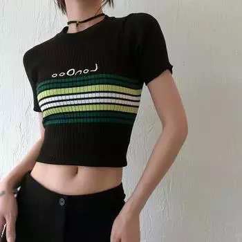 Женские топы Тонкий Мода Пупочная трикотажная полоса Контрастный цвет