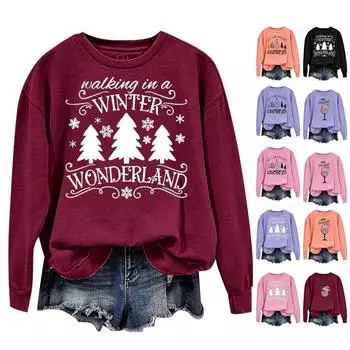 Женские топы Топы с принтом «Рождественское кольцо» Двухсекционные топы с принтом Осенние обычные топы Женские топы с принтом XL чёрный