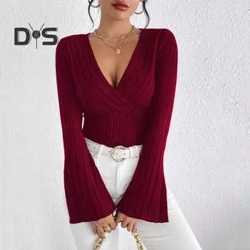 Женские топы-топы с V-образным вырезом, расклешенные, с длинным рукавом, облегающие, трикотажные топы, однотонные, осенне-зимняя блузка S чёрный