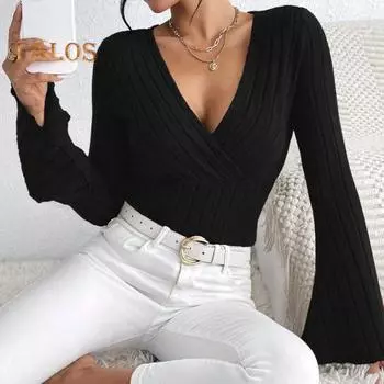 Женские топы-топы с V-образным вырезом, расклешенные, с длинным рукавом, облегающие, трикотажные топы, однотонные, осенне-зимняя блузка S чёрный