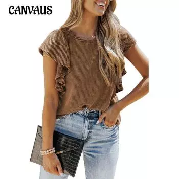 Женские топы, трикотажные футболки в рубчик с рюшами и короткими рукавами, женские повседневные женские топы с круглым вырезом S мох зеленого