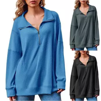Женские топы-туники с длинными рукавами, повседневные рубашки большого размера на молнии до половины, топы M серый