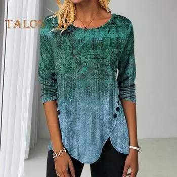 Женские топы в этническом стиле с v-образным вырезом и длинными рукавами, повседневные топы, ретро-принт, декор на пуговицах, пуловер с нерегулярным подолом, топы, уличная одежда L фиолетовый