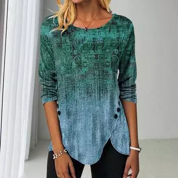 Женские топы в этническом стиле с v-образным вырезом и длинными рукавами, повседневные топы, ретро-принт, пуговицы, декор, пуловер с нерегулярным подолом L фиолетовый