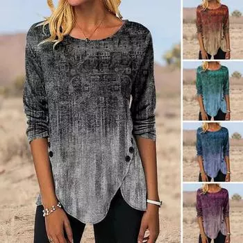 Женские топы в этническом стиле с v-образным вырезом и длинными рукавами, повседневные топы, ретро-принт, декор на пуговицах, пуловер с нерегулярным подолом, топы, уличная одежда L фиолетовый
