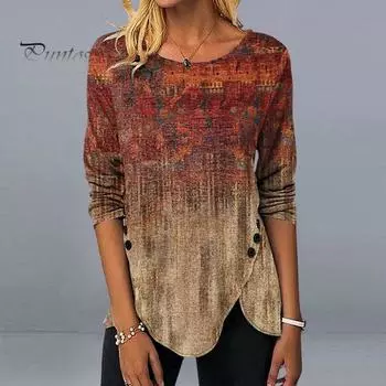 Женские топы в этническом стиле с v-образным вырезом и длинными рукавами, повседневные топы, ретро-принт, декор на пуговицах, пуловер с нерегулярным подолом, топы, уличная одежда L фиолетовый
