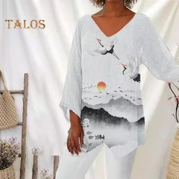 Женские топы в китайском стиле с v-образным вырезом и длинными рукавами, повседневные топы, пуловеры в стиле ретро с 3D принтом, нерегулярный подол, уличная одежда XL чёрный