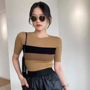 Женские топы в полоску контрастного цвета, короткая темпераментная повседневная футболка с короткими рукавами и круглым вырезом