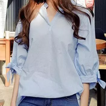 Женские топы в полоску с бантом, рубашка с v-образным вырезом, блузка с половиной рукавов S синий