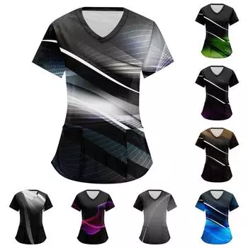 Женские топы в полоску с геометрическим принтом и короткими рукавами с v-образным вырезом, рабочая блузка с карманами L чёрный