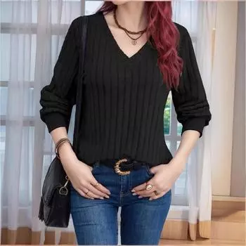 «Женские топы в полоску с V-образным вырезом и длинными рукавами 2024 года — европейский и американский стиль» XXL