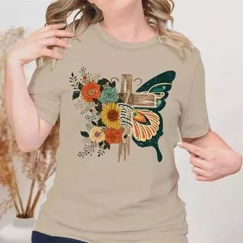 Женские топы в стиле ретро с бабочкой Faith Cross, футболки с короткими рукавами, женская летняя модная женская футболка, футболка с христианским графиком S