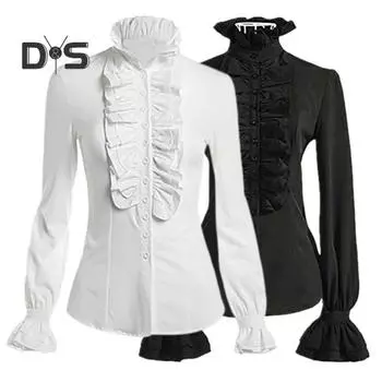 Женские топы в стиле ретро с рюшами, облегающие дышащие удобные однотонные модные блузки с длинными рукавами S чёрный