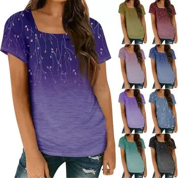 Женские топы, весенне-летняя повседневная футболка с коротким рукавом и квадратным вырезом, базовая футболка с принтом L чёрный