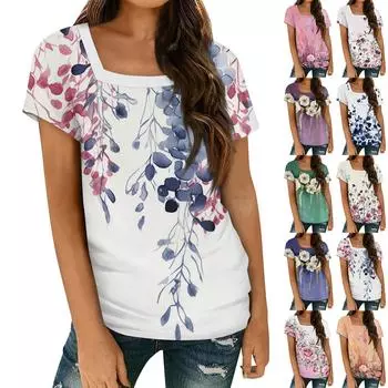 Женские топы, весенне-летняя повседневная футболка с коротким рукавом и квадратным вырезом, базовая футболка с принтом L синий