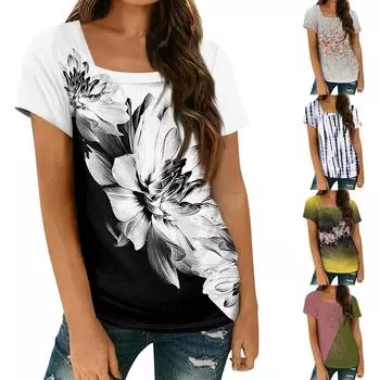 Женские топы, весенне-летняя повседневная футболка с коротким рукавом и квадратным вырезом, базовая футболка с принтом L