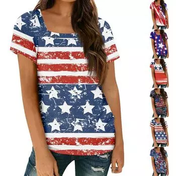 Женские топы, весенне-летняя повседневная футболка с коротким рукавом и квадратным вырезом, базовая футболка с принтом L чёрный