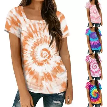 Женские топы, весенне-летняя повседневная футболка с коротким рукавом и квадратным вырезом, базовая футболка с принтом L