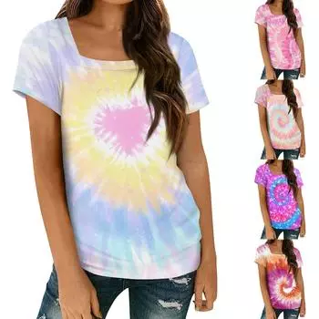 Женские топы, весенне-летняя повседневная футболка с коротким рукавом и квадратным вырезом, базовая футболка с принтом L