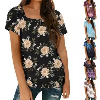 Женские топы, весенне-летняя повседневная футболка с коротким рукавом и квадратным вырезом, базовая футболка с принтом L чёрный