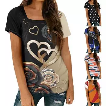 Женские топы, весенне-летняя повседневная футболка с коротким рукавом и квадратным вырезом, базовая футболка с принтом L чёрный