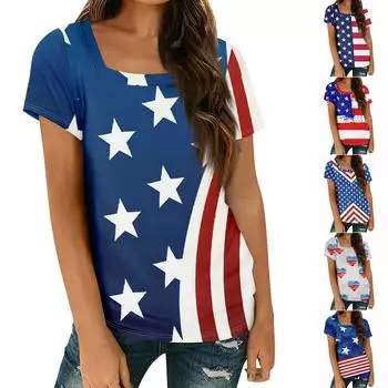 Женские топы, весенне-летняя повседневная футболка с коротким рукавом и квадратным вырезом, базовая футболка с принтом L синий