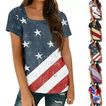 Женские топы, весенне-летняя повседневная футболка с коротким рукавом и квадратным вырезом, базовая футболка с принтом L синий