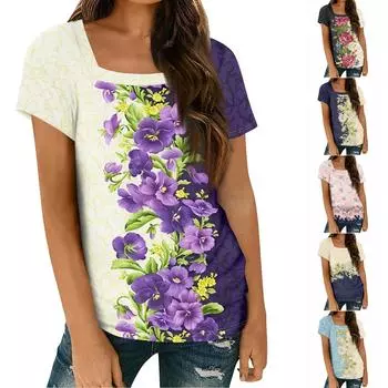 Женские топы, весенне-летняя повседневная футболка с коротким рукавом и квадратным вырезом, базовая футболка с принтом L зелёный