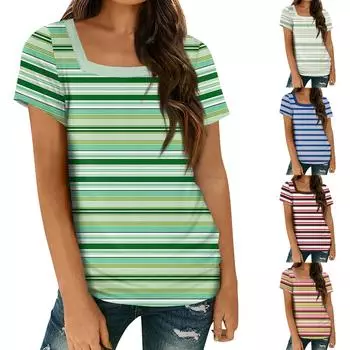 Женские топы, весенне-летняя повседневная футболка с коротким рукавом и квадратным вырезом, базовая футболка с принтом L