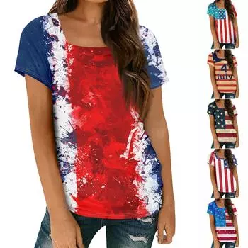 Женские топы, весенне-летняя повседневная футболка с коротким рукавом и квадратным вырезом, базовая футболка с принтом L синий