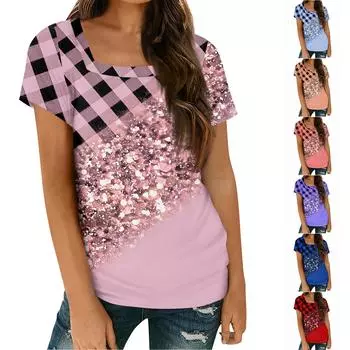 Женские топы, весенне-летняя повседневная футболка с коротким рукавом и квадратным вырезом, базовая футболка с принтом L