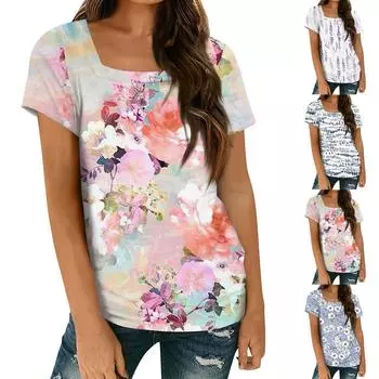 Женские топы, весенне-летняя повседневная футболка с коротким рукавом и квадратным вырезом, базовая футболка с принтом L