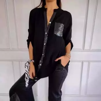 Женские топы, весенние и летние футболки, женские свободные рубашки, повседневные рубашки S чёрный