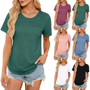 Женские топы весна-лето новые однотонные свободные футболки с коротким рукавом и круглым вырезом плиссированные топы женская одежда S белый