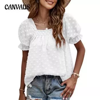 Женские топы весна-лето новые с рукавами-фонариками из жаккарда с двойной складкой S белый